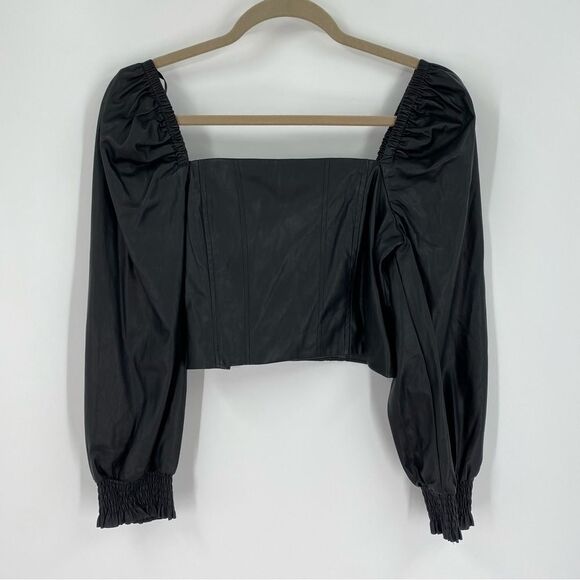 7 For All Mankind Tops - 7 for All ManKind Square Neck Long Puffer Sleeve Faux Leather Cropped Blouse M